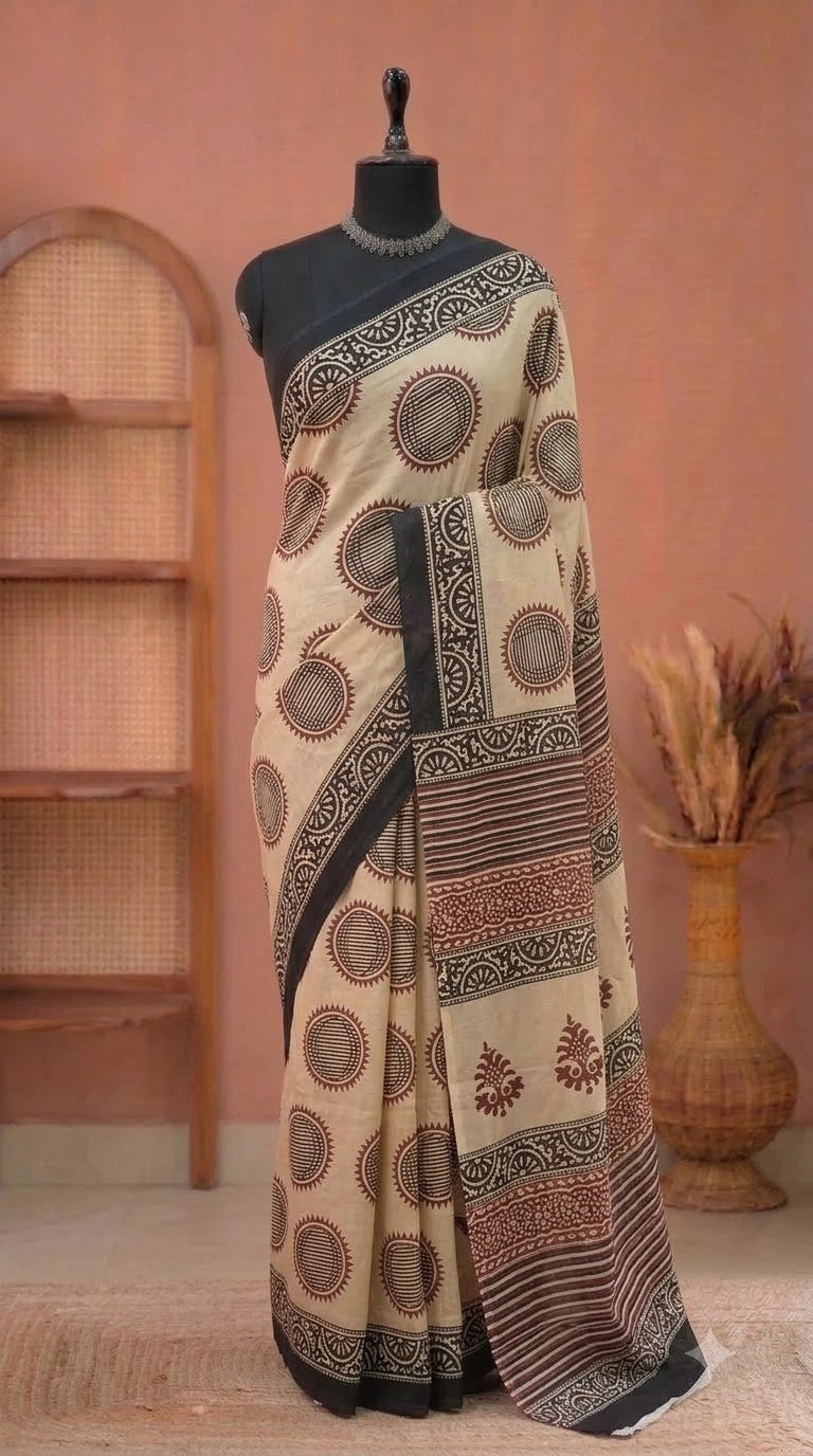 Cream Mulmul Cotton Saree