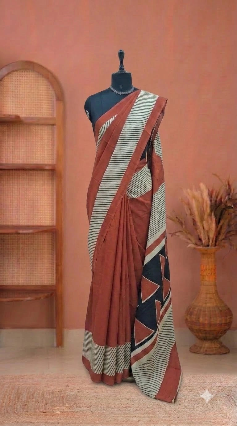 Brick Red Plain Mulmul Cotton Saree