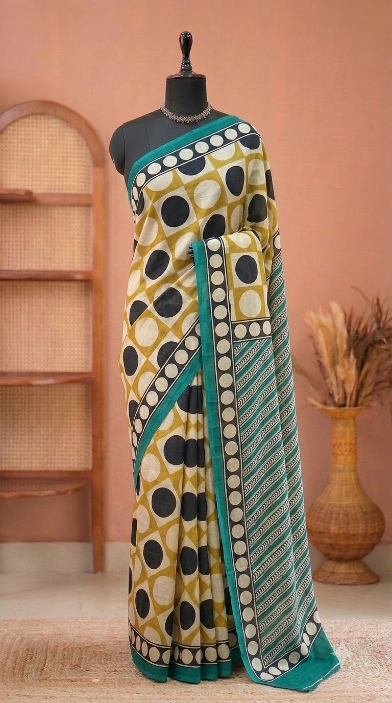 Olive Green Mulmul Cotton Saree