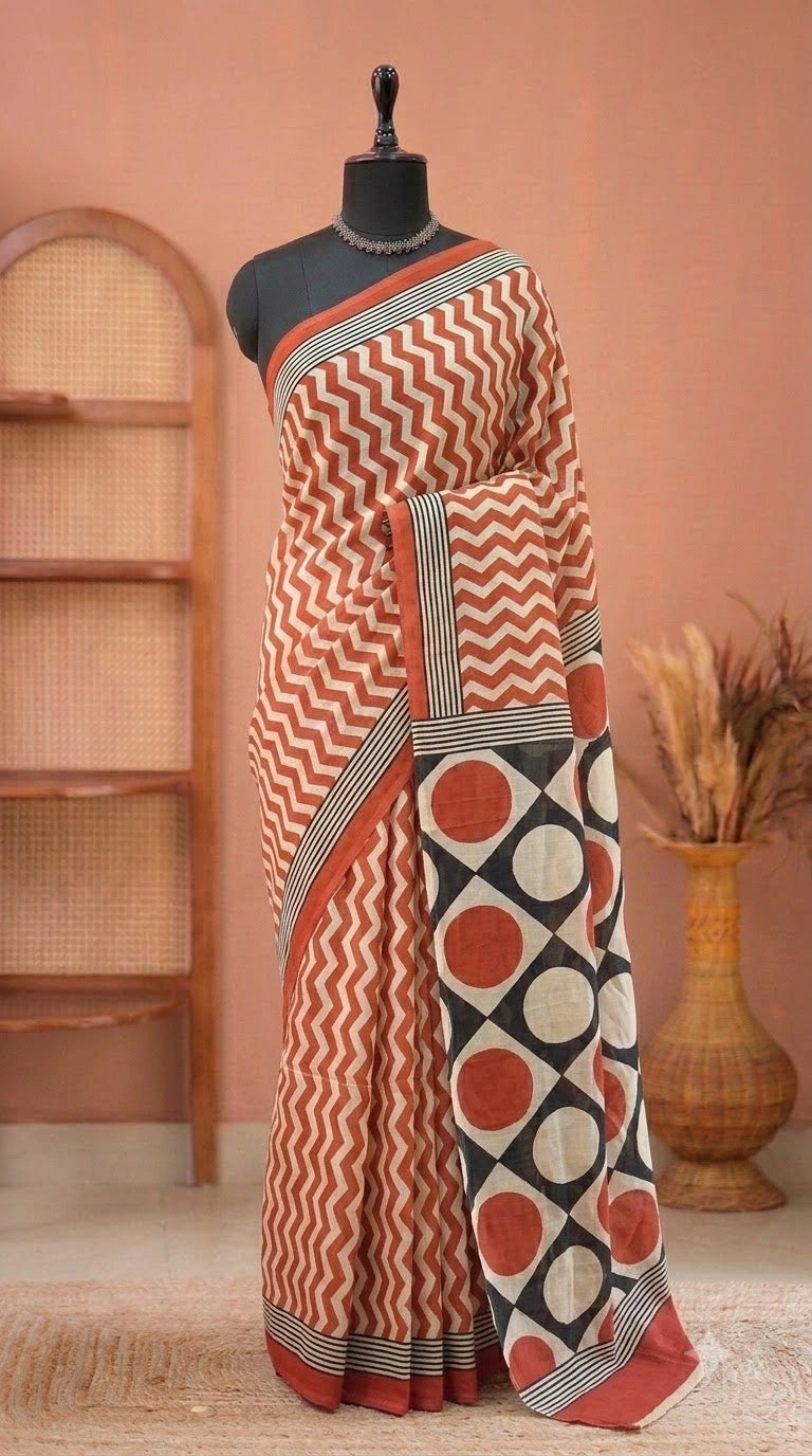 Orange Mulmul Cotton Saree