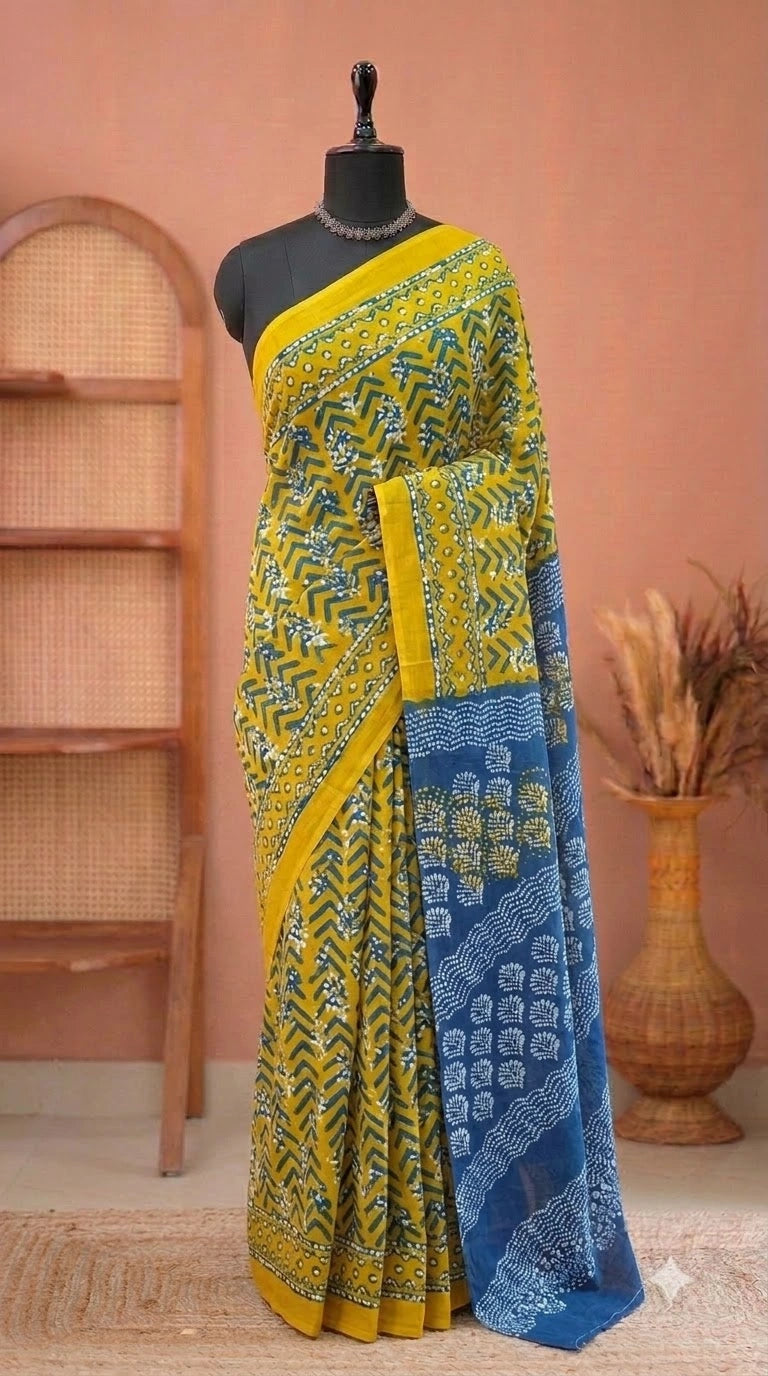 Mustard Yellow Mulmul Cotton Saree