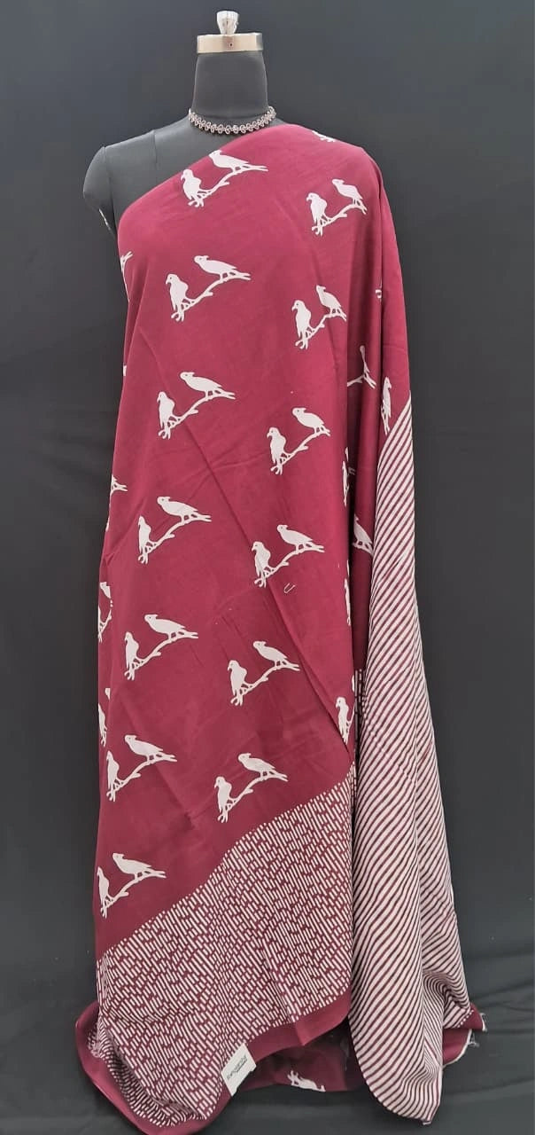 Elegant Maroon & White Bird Motif Mulmul Cotton Saree