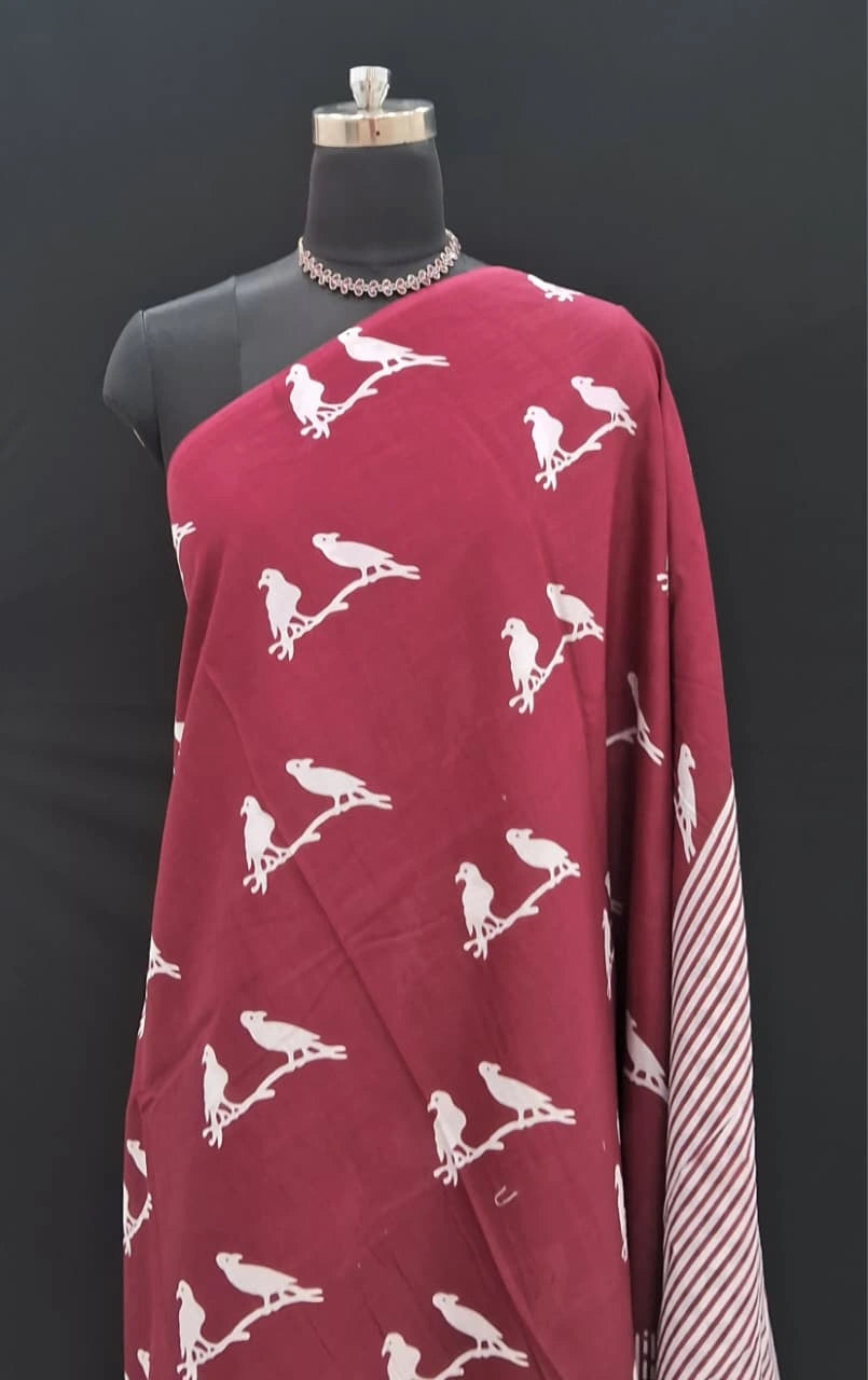 Elegant Maroon & White Bird Motif Mulmul Cotton