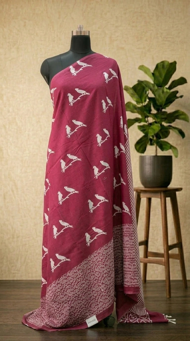 Elegant Maroon & White Bird Motif Mulmul Cotton Saree