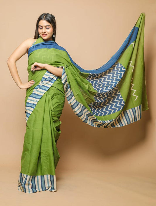 Green mulmul cotton saree