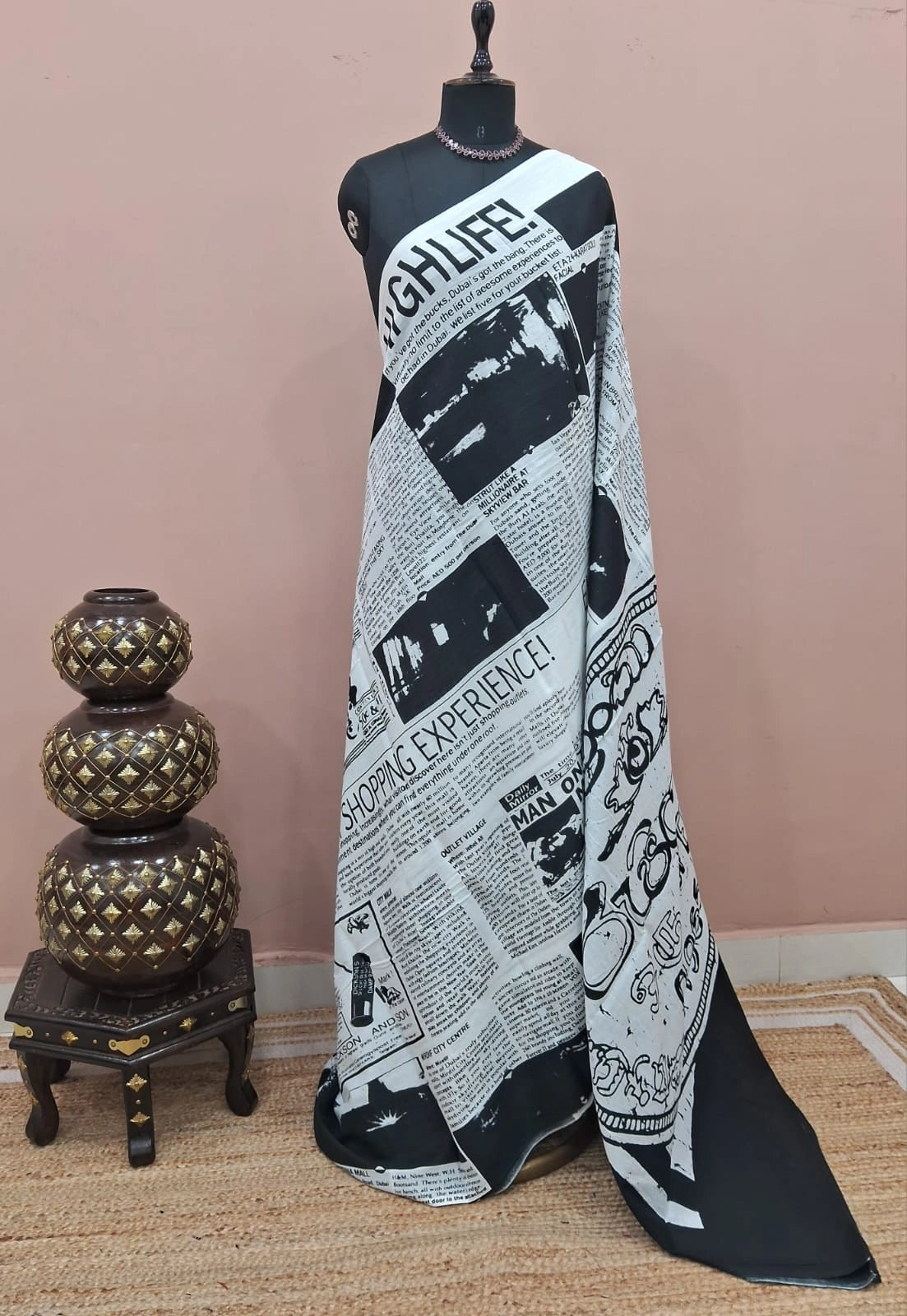 White and Black Mulmul Cotton Saree