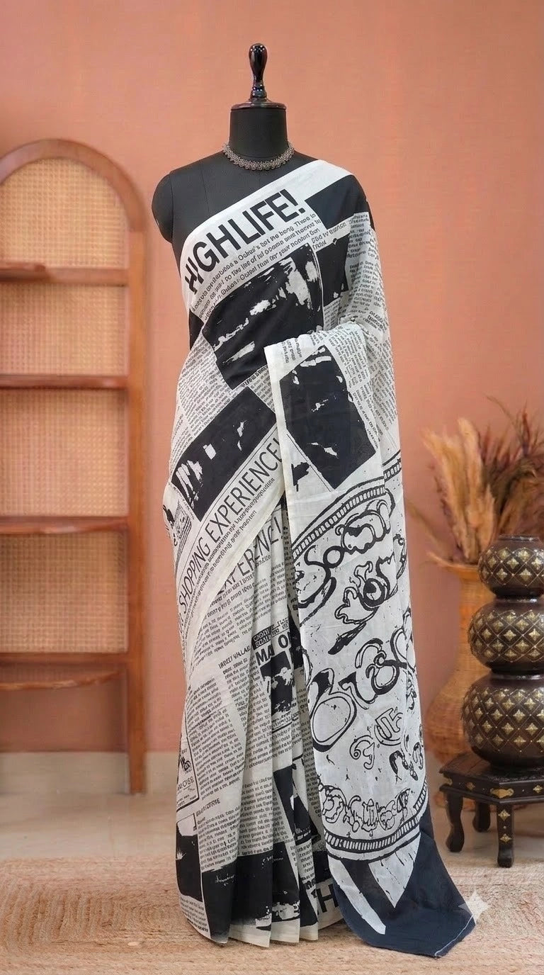 White and Black Mulmul Cotton Saree