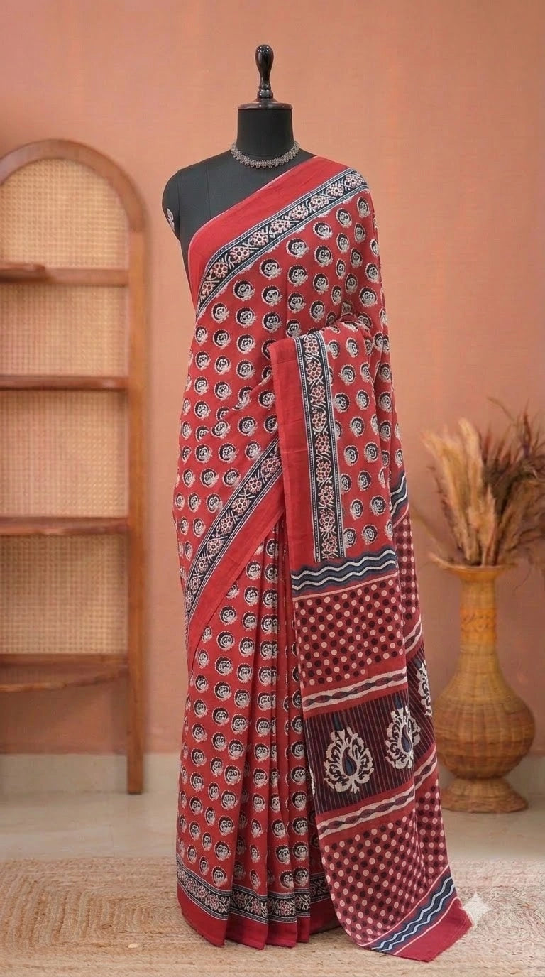 Tomato Red Mulmul Cotton Saree