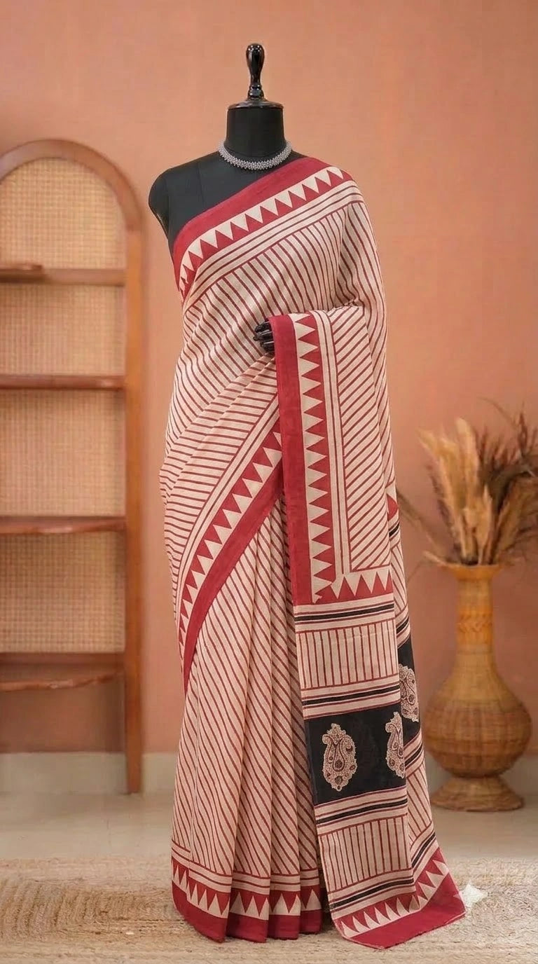Beige Mulmul Cotton Saree 