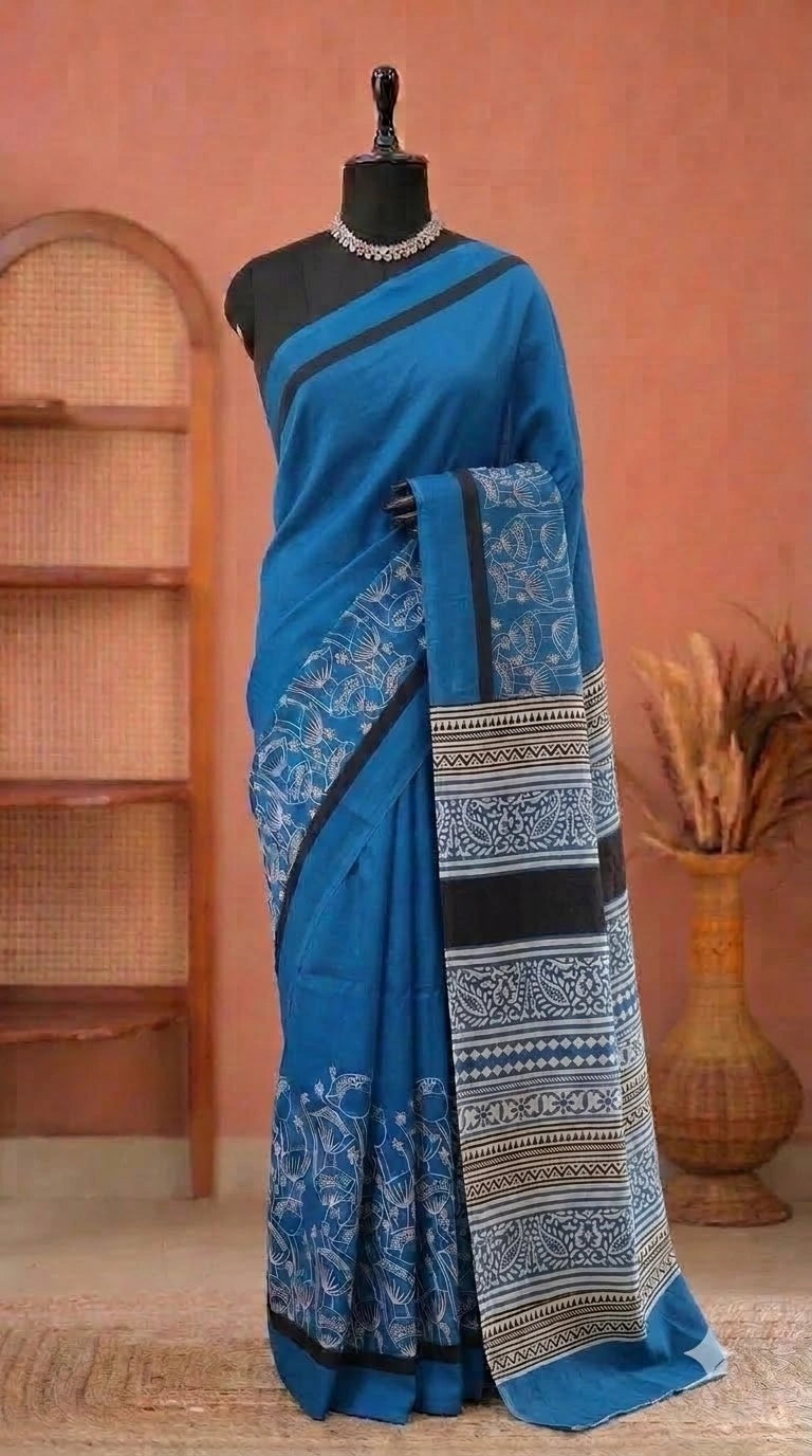 Caribbean Blue Mulmul Cotton Saree 