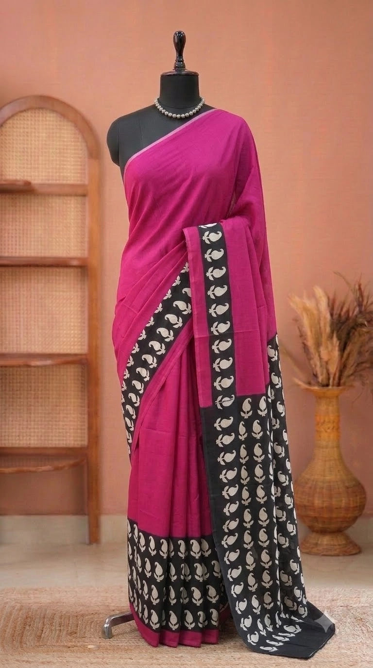 Rani Pink Mulmul Cotton Saree