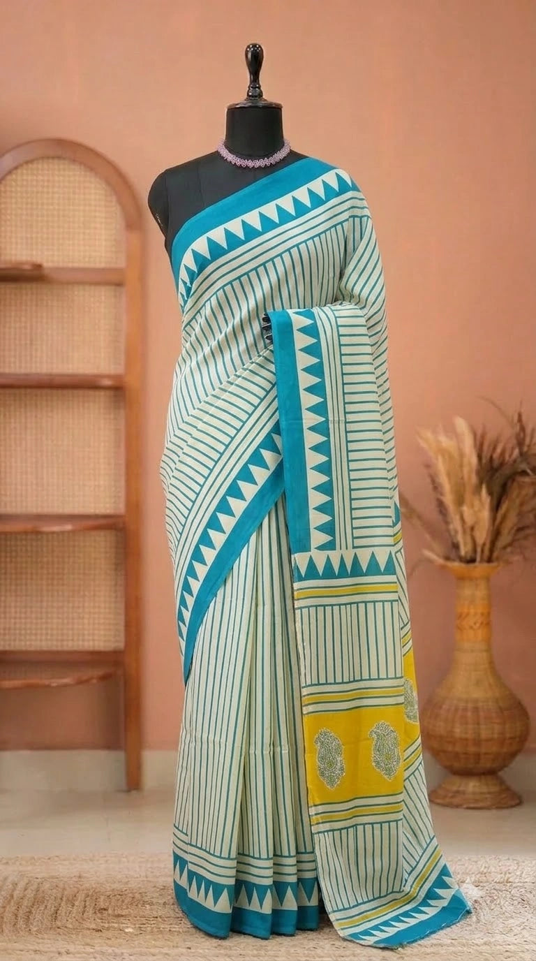 Off-White Mulmul Cotton Saree