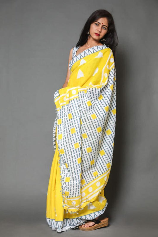 Yellow mulmul cotton saree