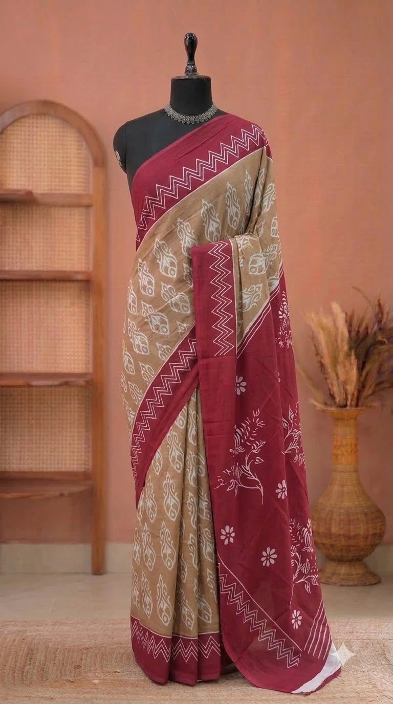 Dark Beige Mulmul Cotton Saree 