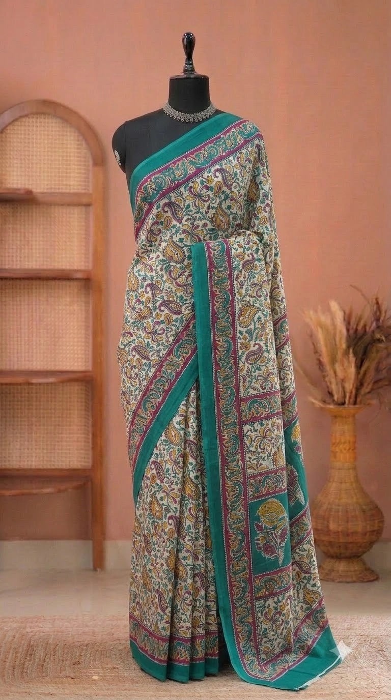 Light Pista Green Mulmul Cotton Saree