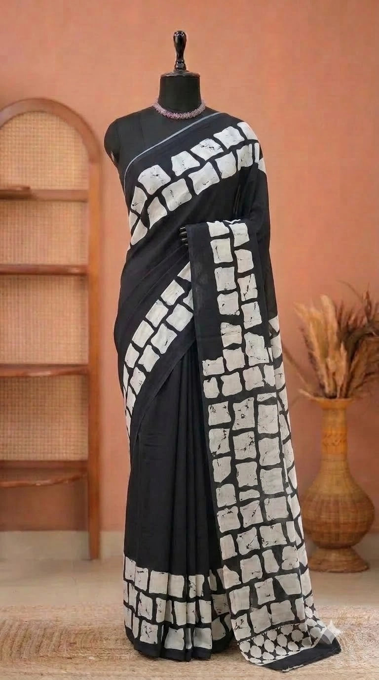 Black Plain Mulmul Cotton Saree
