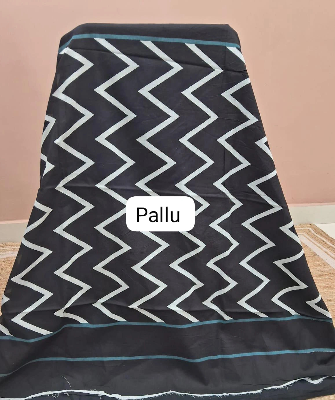 Caribbean blue Pure Mulmul Cotton Saree pallu