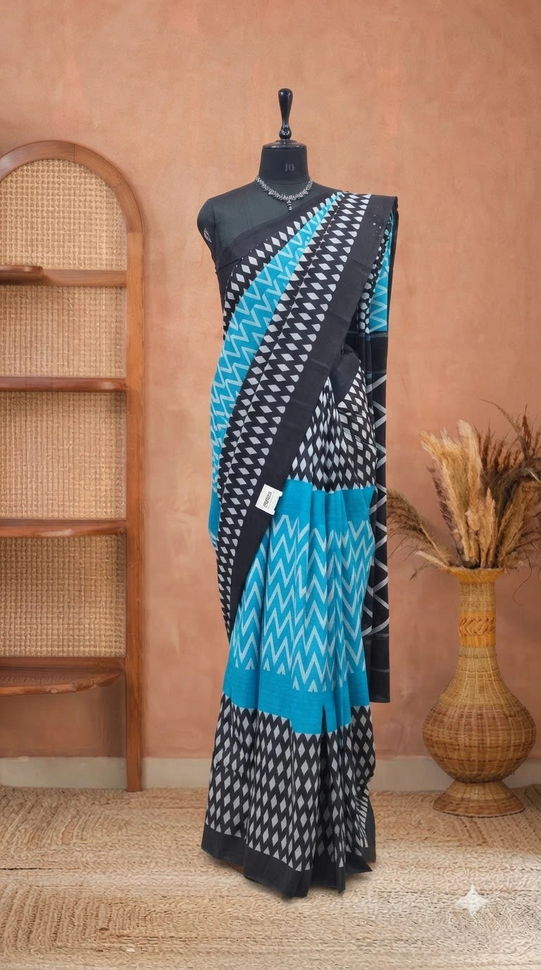 Caribbean blue Pure Mulmul Cotton Saree