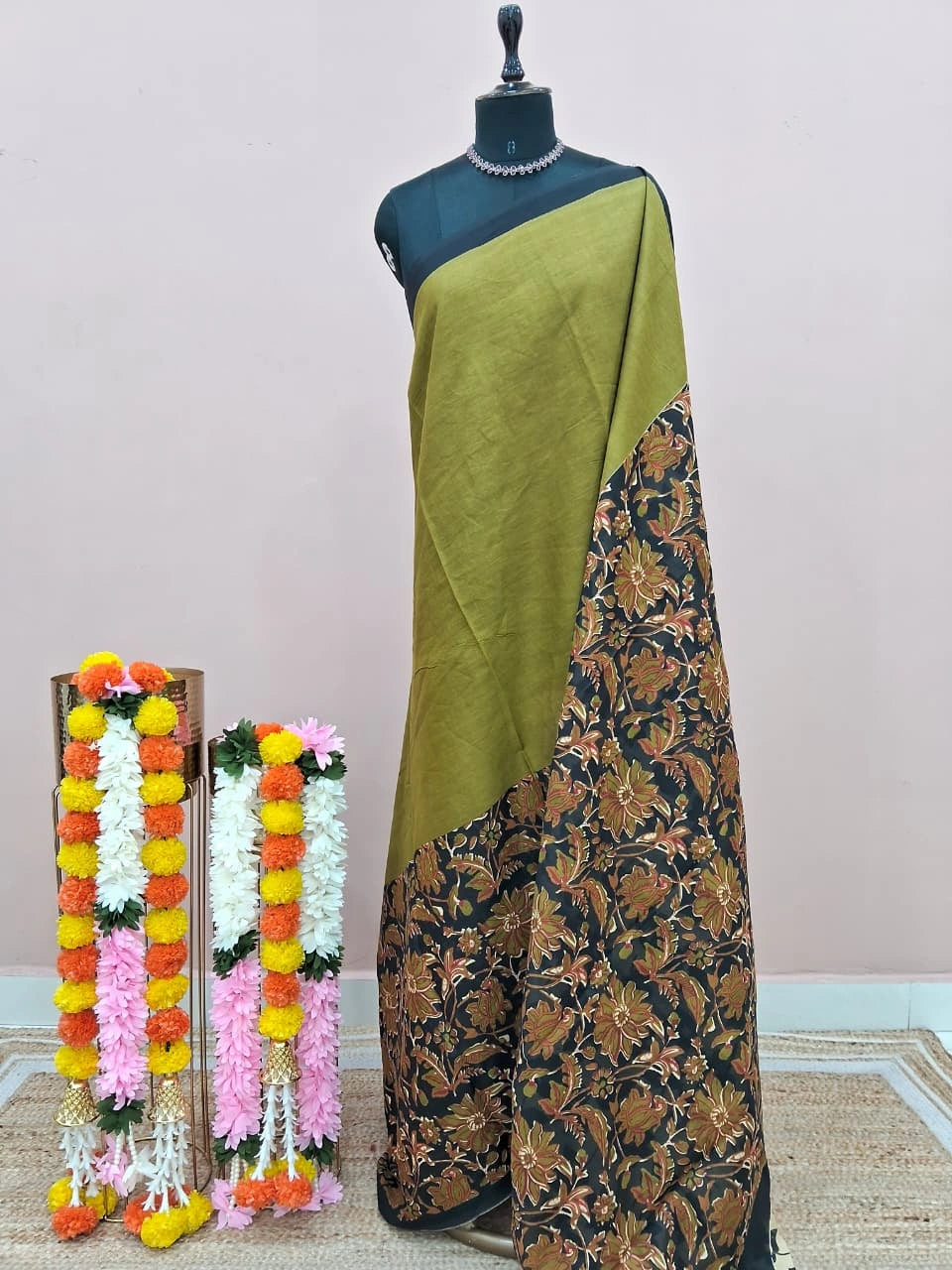 Olive Green Mulmul Cotton Saree 