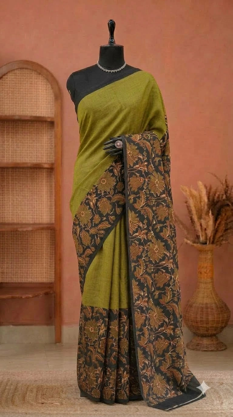 Olive Green Mulmul Cotton Saree 
