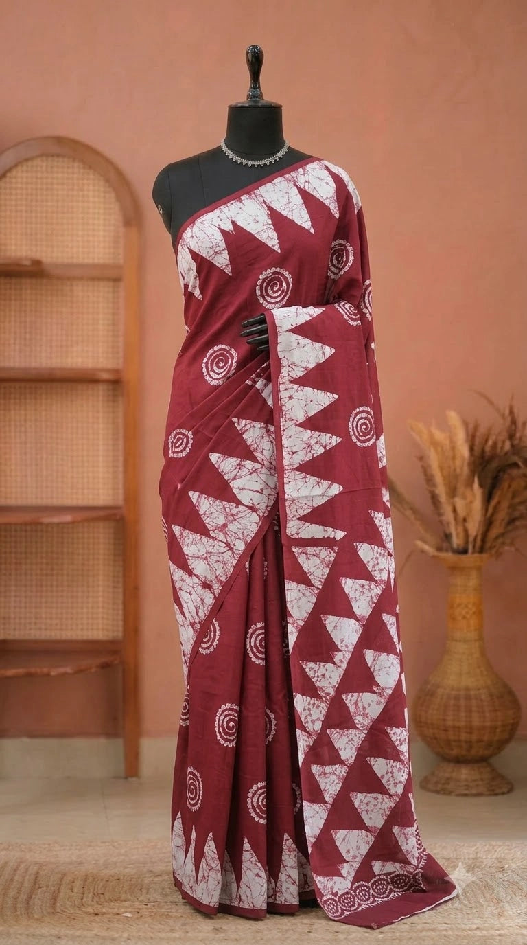 Red Mulmul Cotton Saree