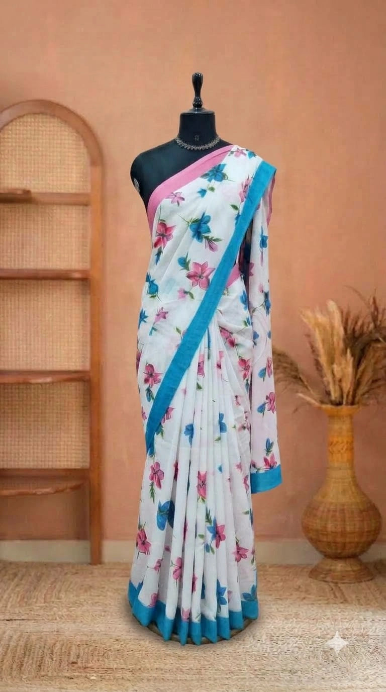 White Mulmul Cotton Saree