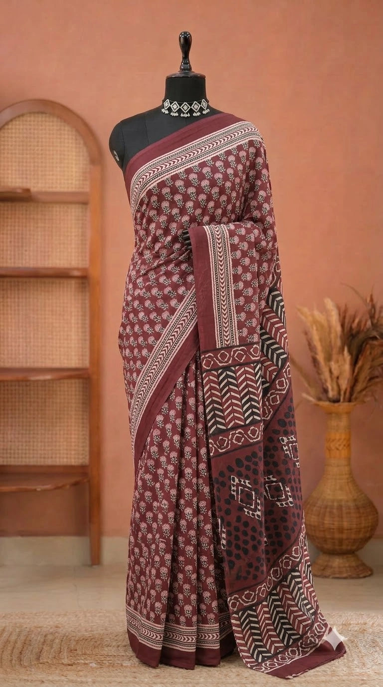 Maroon Mulmul Cotton Saree