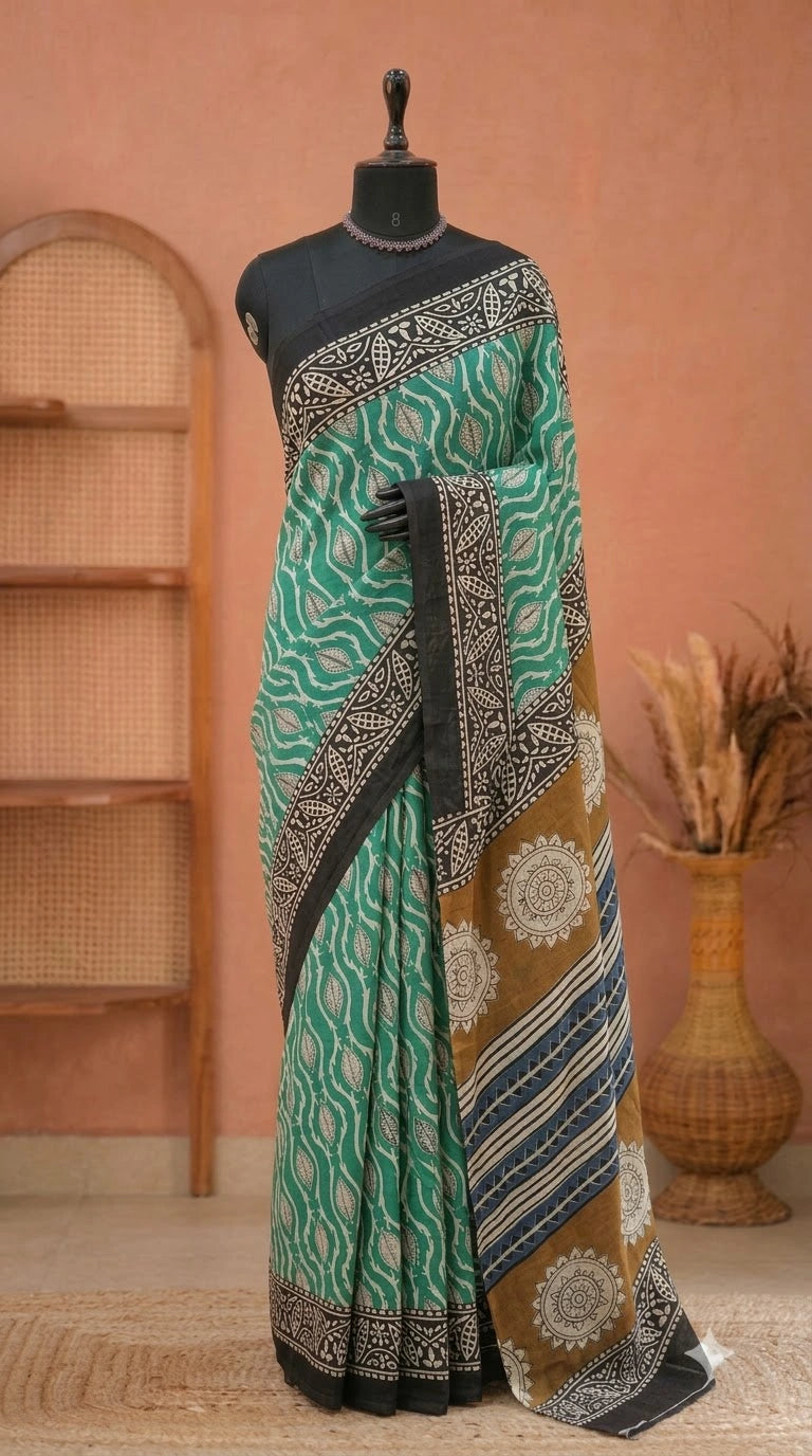 Teal Green Mulmul Cotton Saree 