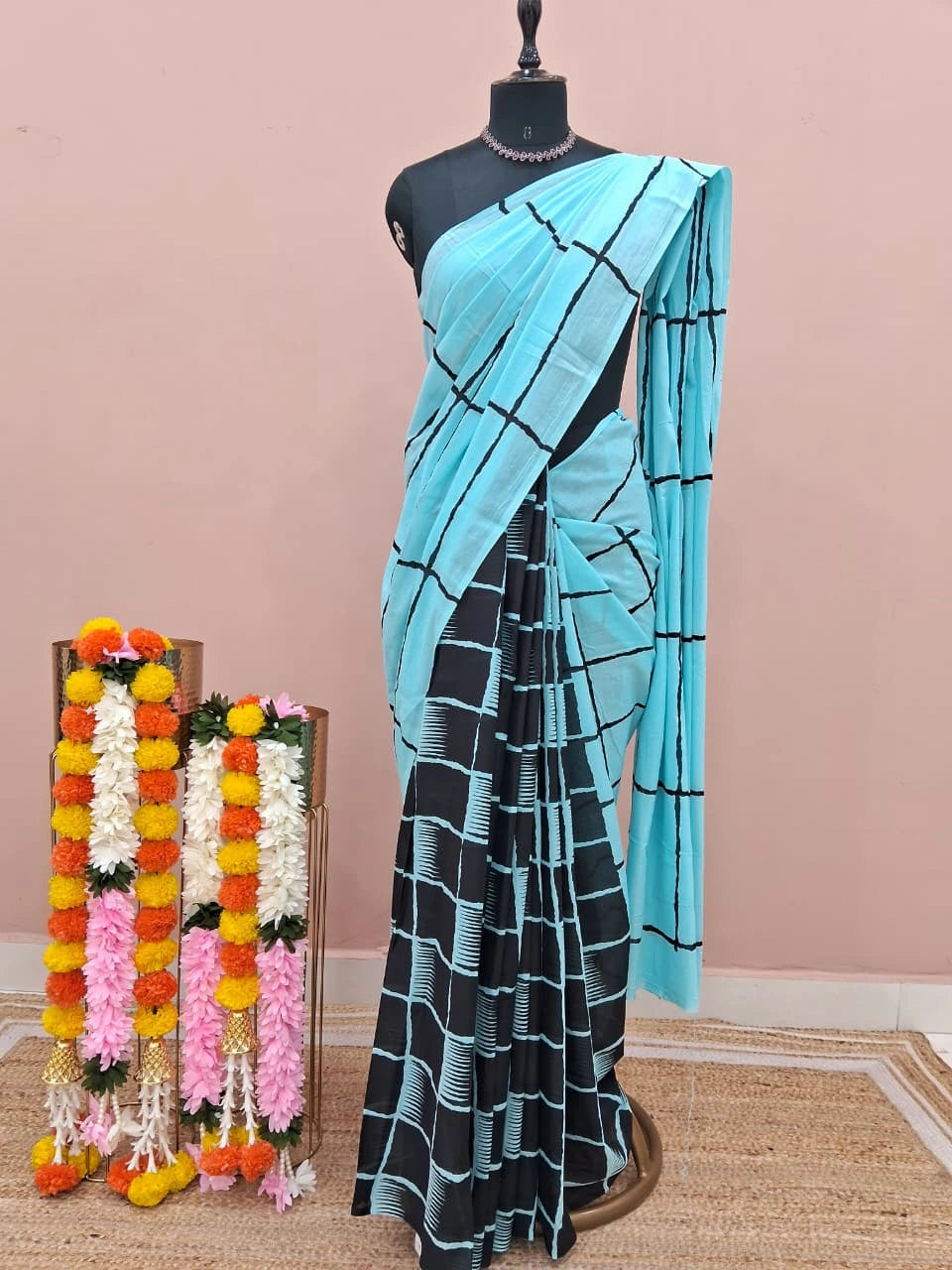 Sky Blue and Black Half-and-Half Mulmul Cotton Saree