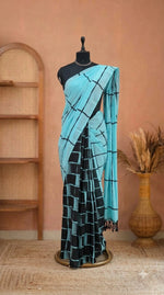 Sky Blue and Black Half-and-Half Mulmul Cotton Saree