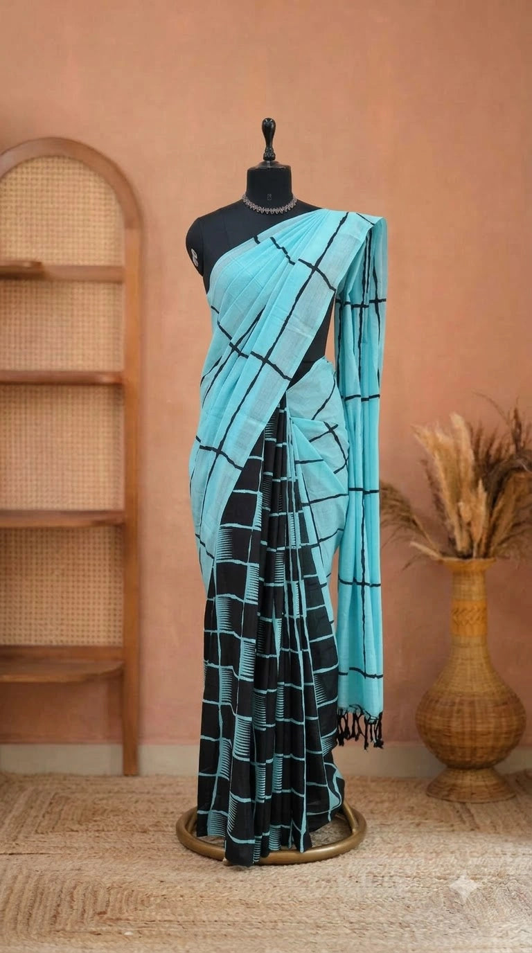 Sky Blue and Black Half-and-Half Mulmul Cotton Saree