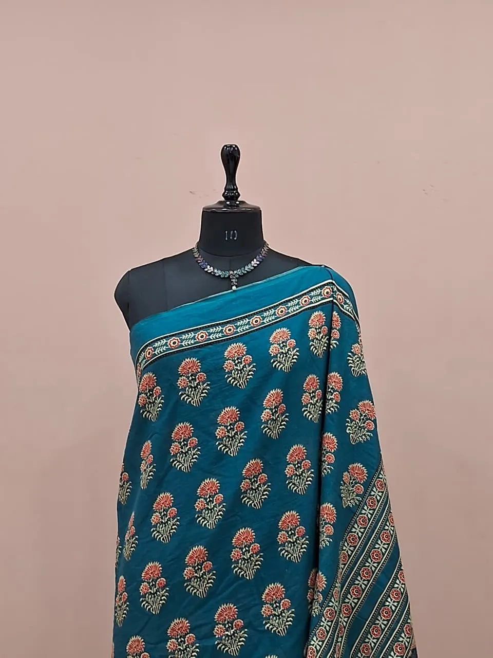 Dark Teal Blue Mulmul Cotton Saree 1