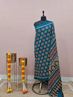Teal Blue Mulmul Cotton Saree 