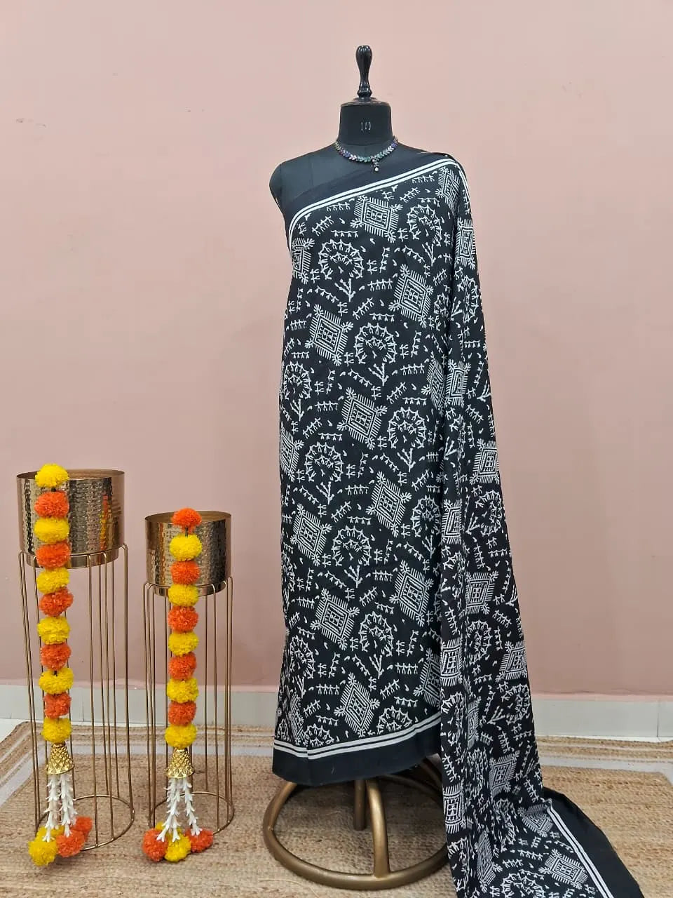 Dark Black Mulmul Cotton Saree 