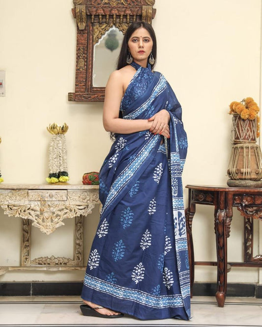 Indigo Blue mulmul cotton saree