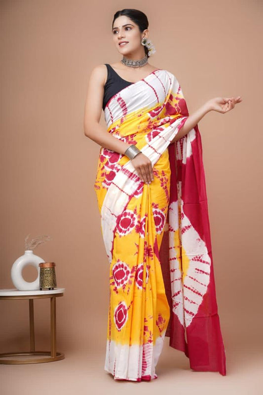 Mustard yellow mulmul cotton saree