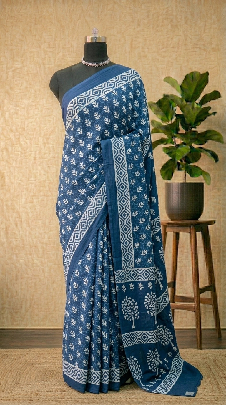 Indigo Blue mulmul cotton saree