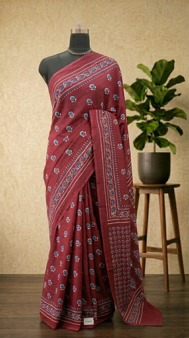 Maroon mulmul cotton saree