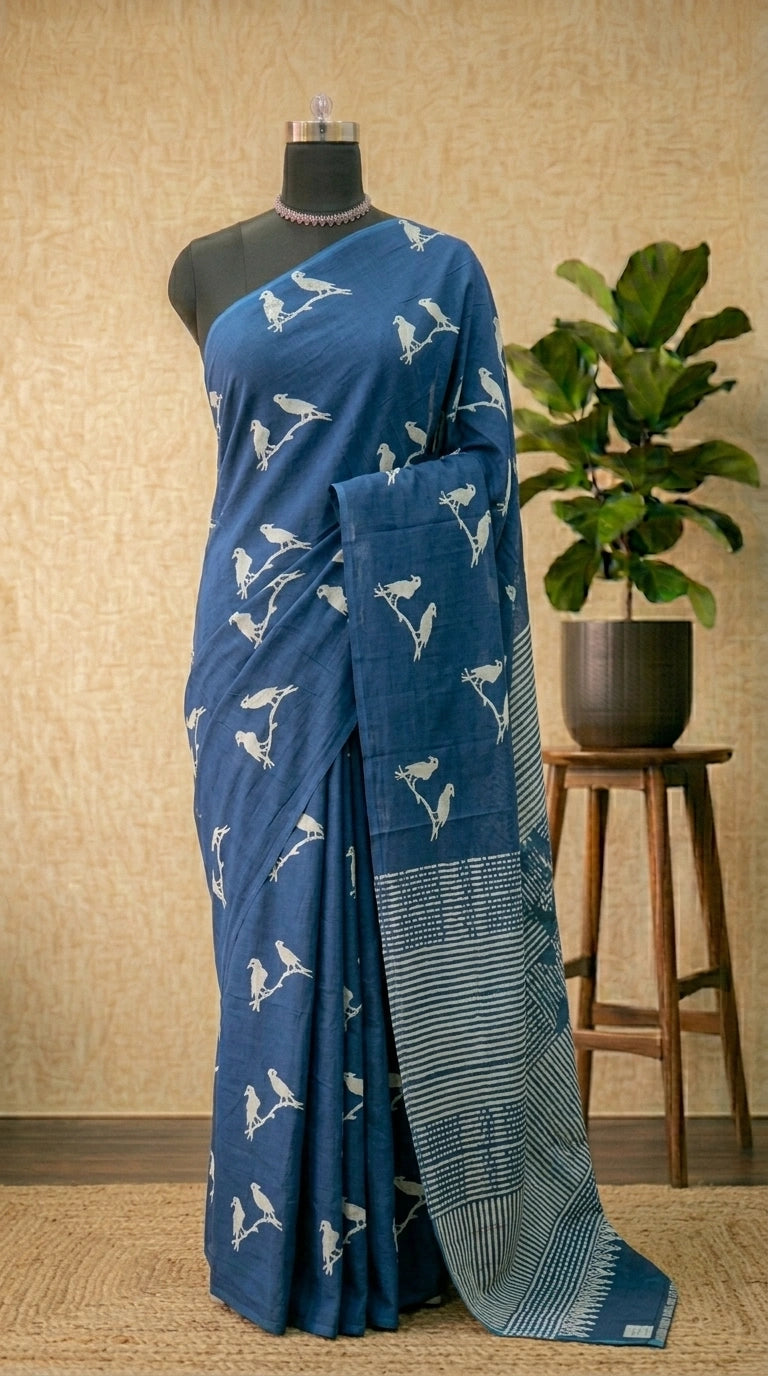 Blue Mulmul cotton saree