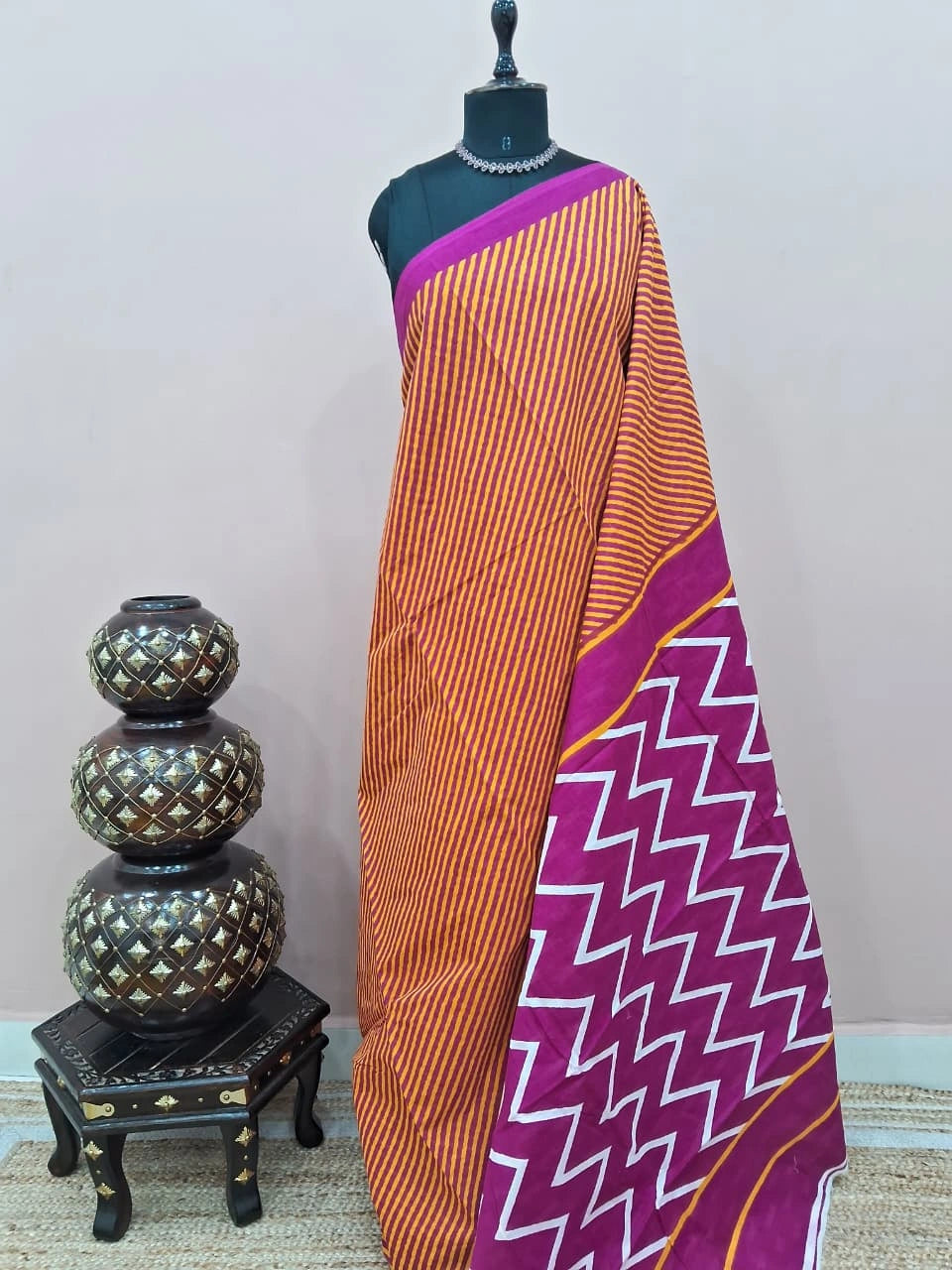 Orange and Rani Pink Mulmul Cotton Saree 