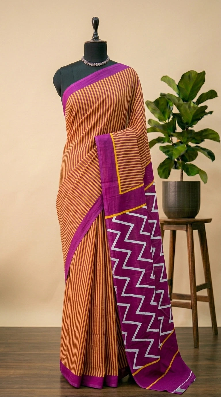 Orange and Rani Pink Mulmul Cotton Saree 