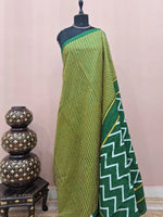 Yellow and green Mulmul Cotton Saree 