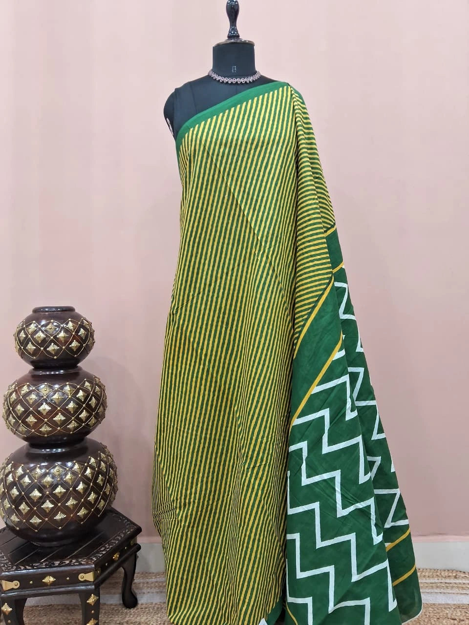 Yellow and green Mulmul Cotton Saree 