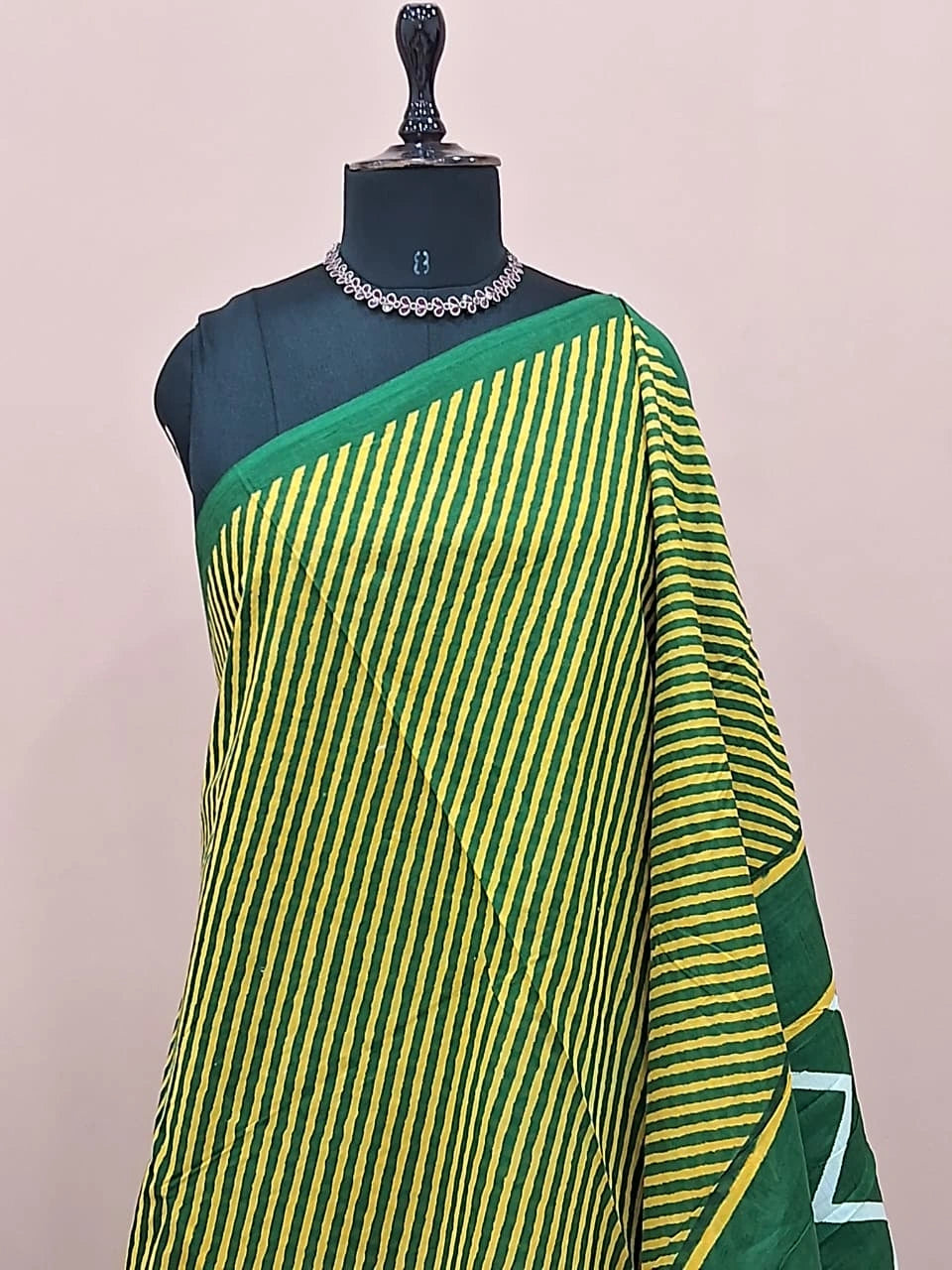 Yellow and green Mulmul Cotton Saree 1