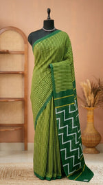 Yellow and green Mulmul Cotton Saree 