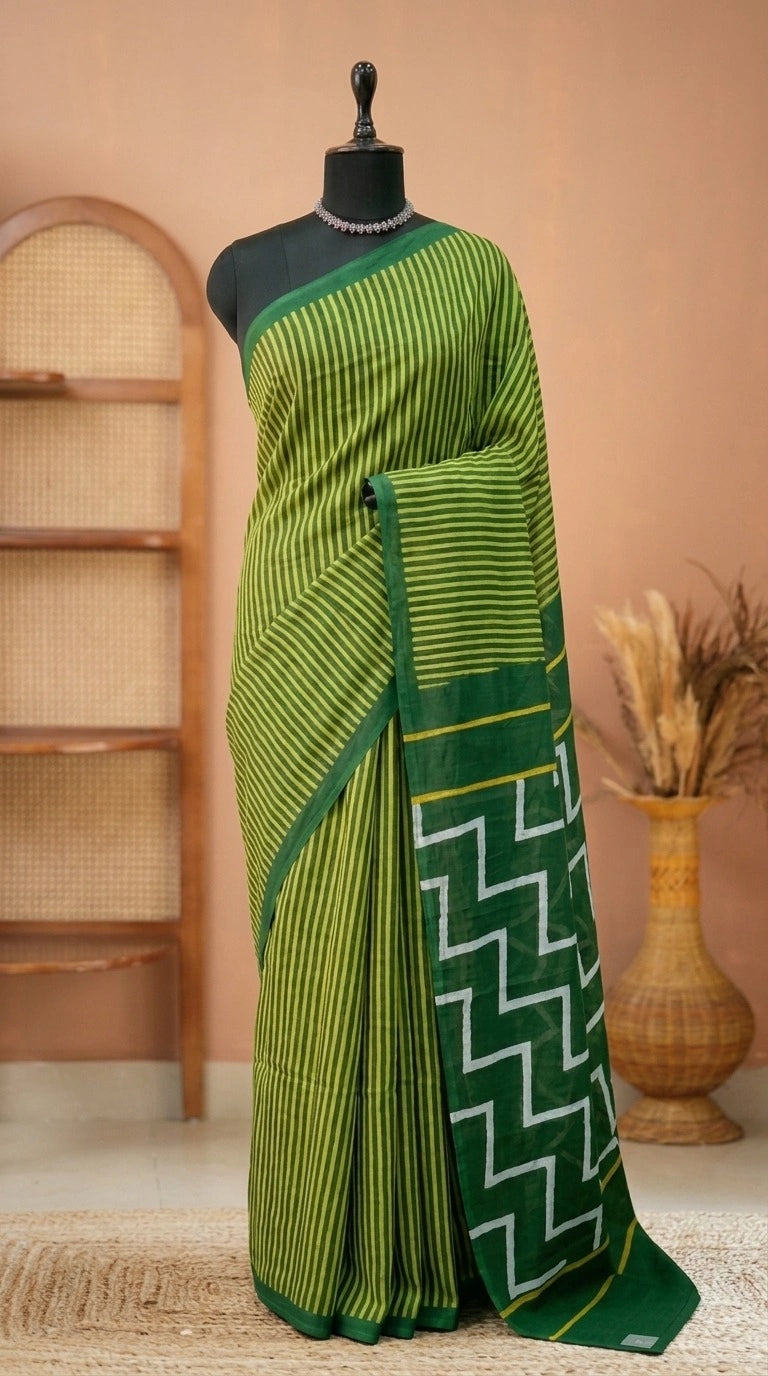 Yellow and green Mulmul Cotton Saree 