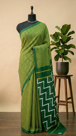 Yellow and green Mulmul Cotton Saree 