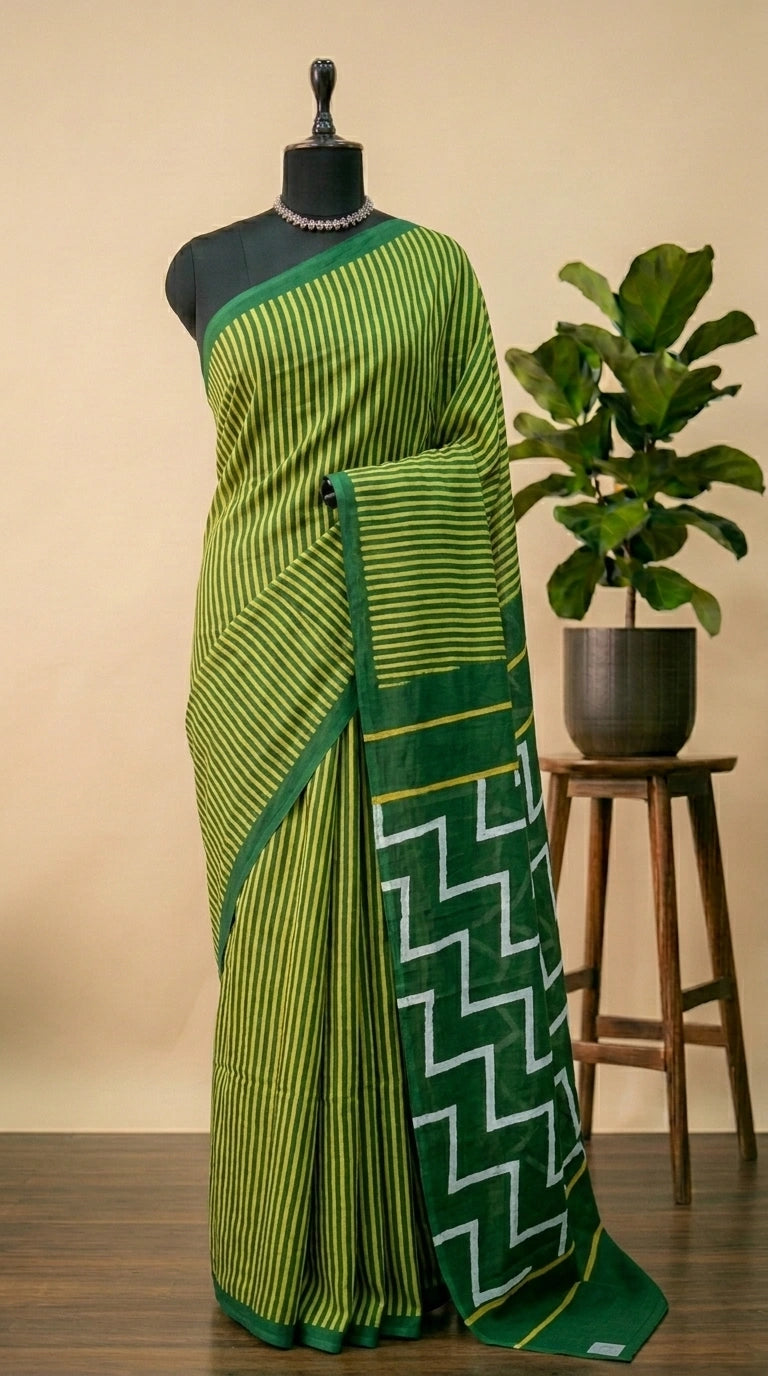 Yellow and green Mulmul Cotton Saree 