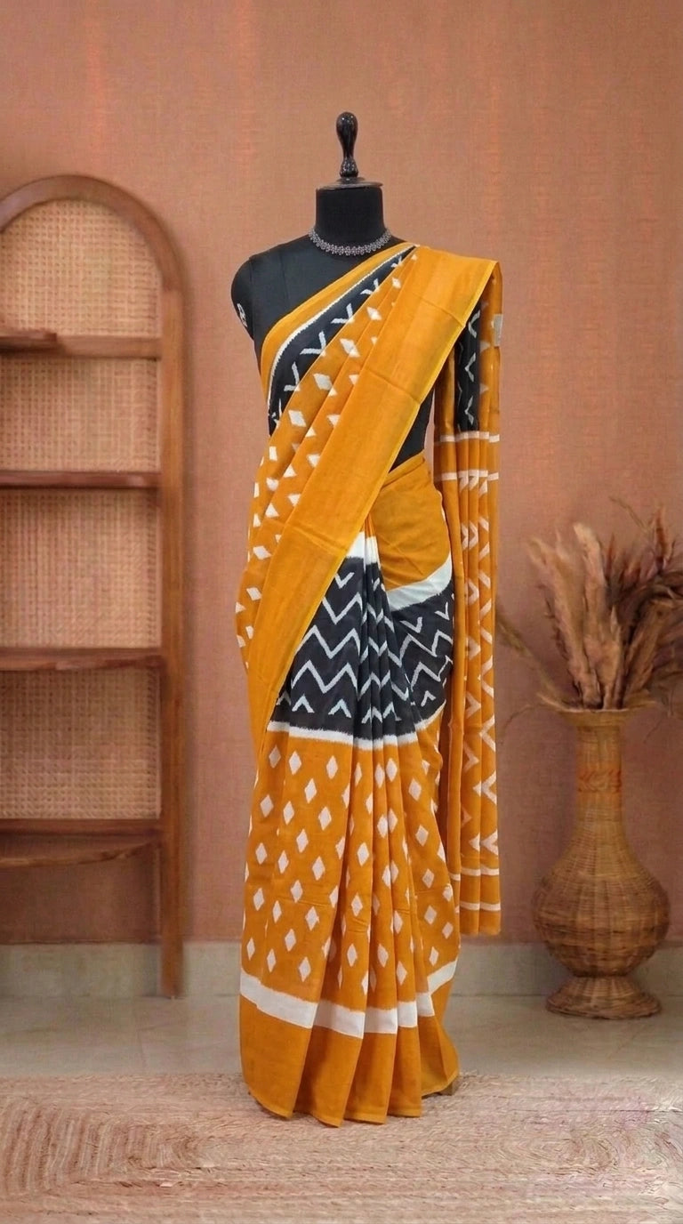 Mustard Orange Mulmul Cotton Saree
