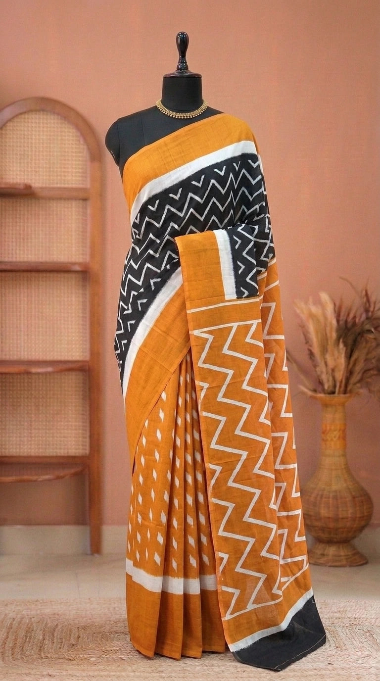 Mustard Orange Mulmul Cotton Saree